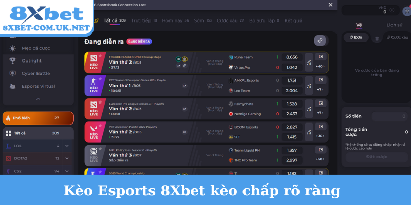 Kèo Esports 8Xbet kèo chấp rõ ràng